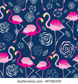 Graphic pattern of pink flamingos on a dark blue background