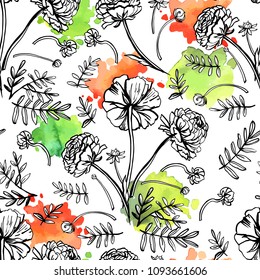 Graphic pattern with Ranunculus and watercolor stains