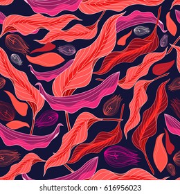 Graphic pattern of red leaves on a dark background