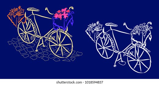 Graphic pattern: a retro bicycle with a basket of flowers on a stone pavement on a dark blue background. Two options: black and color.