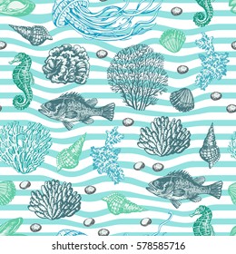 Graphic pattern of sea. Hand drawing. Seamless for fabric design, gift wrapping paper and printing and web projects.