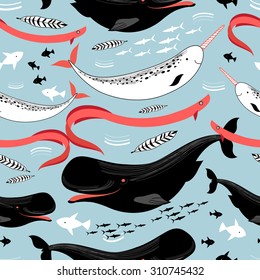 graphic pattern sea whales and fish on a blue background