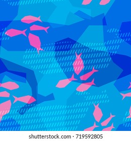 Graphic pattern sea whales and fish on a blue background