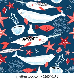 Graphic pattern sea whales and fish on a blue background