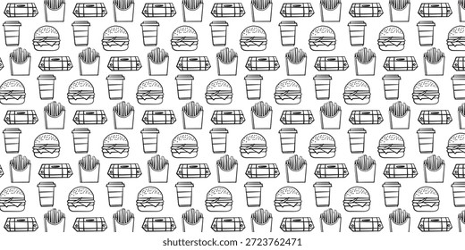 Um padrão gráfico sem emenda com ilustrações feitas à mão de um hambúrguer clássico, batatas fritas crocantes e refrescantes refrigerantes. Ideal para fundos com temática de comida.