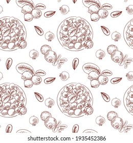 grafisches Muster nahtlos organisch. Nahtloses Muster mit Kranbeeren. Handzeichnung. Blätter, Beeren und ein Teller Beeren. Drucken für Textilien. 