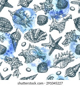 Graphic pattern with seashells watercolor spots. Hand drawing. Watercolor spots. Seamless for fabric design, gift wrapping paper and printing and web projects.