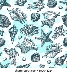 Graphic pattern with seashells and watercolor stains.  Hand drawing. Seamless for fabric design, gift wrapping paper and printing and web projects.