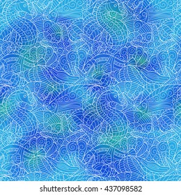 Graphic pattern with seashells and watercolor stains. Hand drawing. Seamless for fabric design, gift wrapping paper and printing and web projects. Not trace.