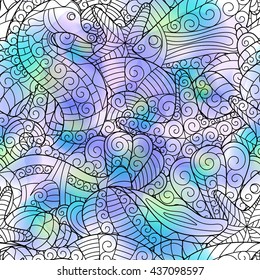Graphic pattern with seashells and watercolor stains. Hand drawing. Seamless for fabric design, gift wrapping paper and printing and web projects. Not trace.