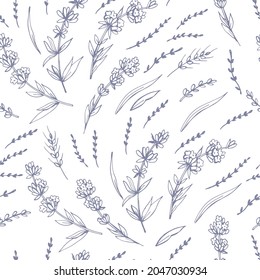 Graphic pattern with sketches of lavender. Manual graphics. Vector illustration. Seamless pattern for various surfaces.