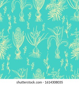 Graphic pattern with spring plants. Seamless ornament for various decorative surfaces.