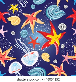Graphic pattern of starfish and jellyfish on a dark blue background