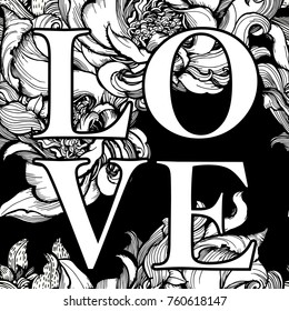 Graphic pattern with stylized flowers and words Love