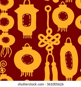 Graphic pattern with stylized lanterns. Colorful on the red background.  EPS10 Vector.