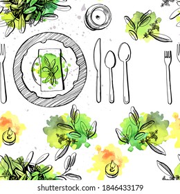 Graphic Pattern Of Table Setting. Vector Illustration. Manual Graphics. Watercolor Background. Suitable For Decorating Various Surfaces.