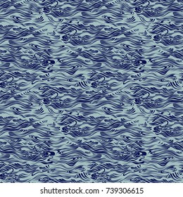 graphic pattern with the texture of the waves, endless water. seamless vector pattern on a blue background