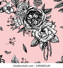 Graphic pattern with vintage flowers. Endless ornament for a variety of decorative surfaces. Vector illustration.