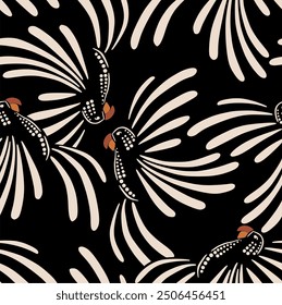 Graphic pattern of white flowers on a black background