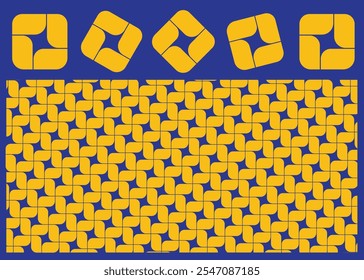 Graphic pattern in yellow and blue with curved square geometric shapes in rotation, featuring balance and order. Ideal for backgrounds or designs seeking a modern aesthetic.