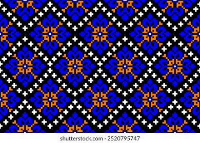 Graphic patterns that are traditional or simulate weaving patterns using geometric shapes and flowers. The patterns are arranged in a grid or overlapping diamond pattern. The primary colors are blue, 