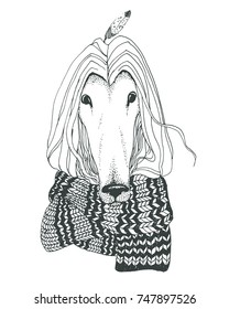 Graphic pen dot illustration. Animal's head. Vector dog's head with feather.