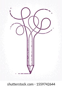 Graphic pencil with curly lines symbolizes creativity, vector logo illustration.