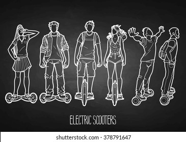 Graphic people riding on electric scooters. Vector girls and guys drawn in line art style isolated on chalkboard.  Modern environmental transportation technologies. 