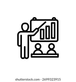 Graphic person presenting bar chart data to audience in a minimalist style, illustrating growth and analysis for business concepts and educational materials.
