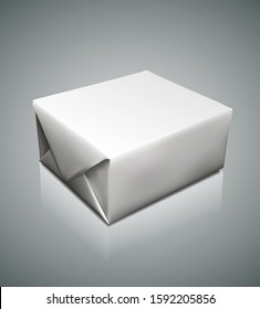 Graphic photorealistic white blank paper packaging box. On light gray background. Side view. Mockup vector.