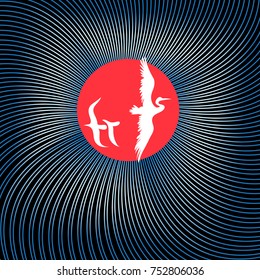 Graphic picture with the sun and birds on a linear luminous background