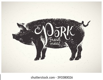 Graphic pig, pork label drawn by hand.