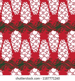Graphic Pine Cone Drawing Seamless Pattern on Red. Seasonal Pattern Design