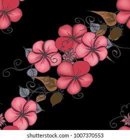 Graphic pink flower pattern on black backgroung fabric textil