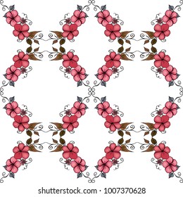 Graphic pink flower pattern on white backgroung fabric textil
