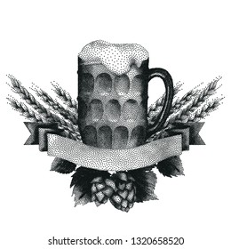 Graphic pint of beer decorated with ribbon, malts and hops. Vector alcoholic beverage drawn in stippling technique
