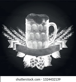 Graphic pint of beer decorated with ribbon, malts and hops. Vector alcoholic beverage drawn in stippling technique