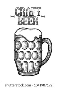 Graphic Pint of beer. Vintage vector illustration of alcoholic beverages drawn in engraving technique. Coloring book page
