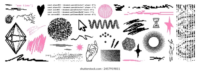 Graphic pixel shape asset pack. Trendy bitmap geometric element for sticker, poster, collage, design template. Vector elements on transparent background like a png.