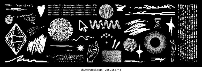 Pacote de recursos de forma de pixel gráfico. Elemento geométrico de bitmap branco moderno para adesivo, cartaz, colagem, modelo de design. Elementos vetoriais no plano de fundo transparente, como um png.