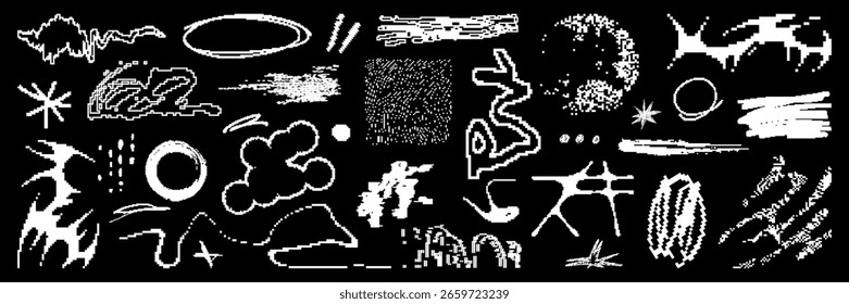 Pacote de recursos de forma de pixel gráfico. Figuras geométricas abstratas pixeladas brancas e bitmap em vetor para modelo de design, cartaz, adesivo. Elementos da moda isolados no fundo preto