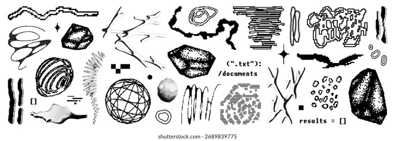 Paquete de activos de forma de píxel gráfico. Varias figuras geométricas pixeladas y con textura de mapa de bits en Vector. Elementos de estilo digital aislados sobre fondo blanco.