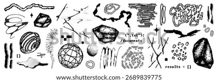 Graphic pixel shape asset pack. Various pixelated and bitmap textured geometric figures in vector. Digital style elements isolated on white backdrop.