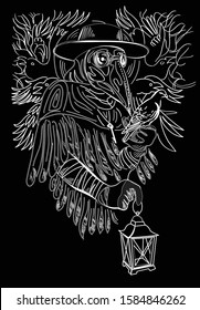 graphic plague doctor with a dove of peace on the background of branches and a raven