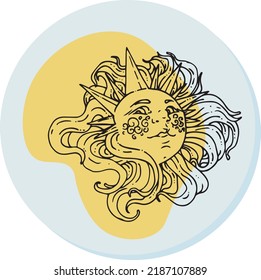 Graphic planimetric color badge with an sun on a blue background. The vector image for a web of the websites, design, scrapbooking