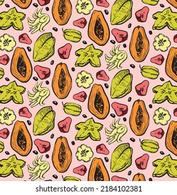 Graphic planimetric pattern with tropical fruit: papaya, carambola, pink apple, Buddha's hand. The vector isolated images for design, textiles, scrapbooking, invitations
