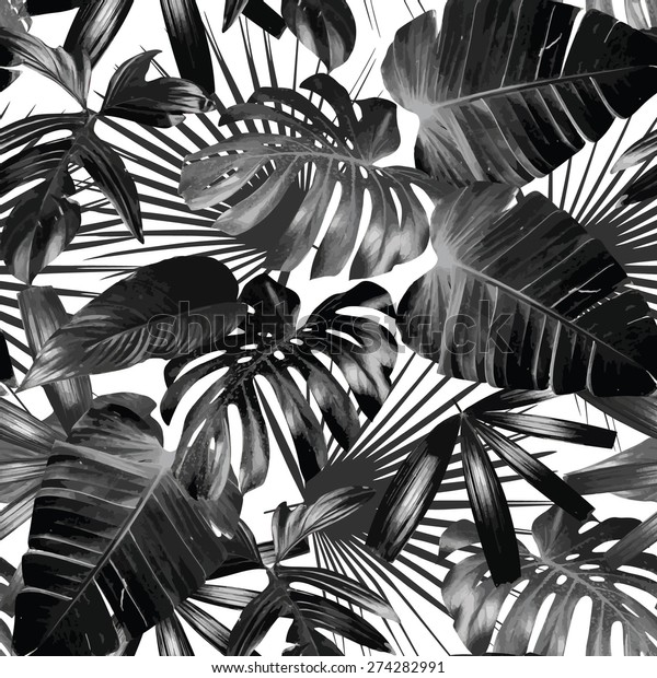 グラフィックな植物ヤシの葉 熱帯性植物 白黒の背景スタイル エキゾチックな花柄のジャングルを印刷 トレンディシームレスなベクター画像パターン ファッションビンテージの夏の 壁紙ハワイの背景 のベクター画像素材 ロイヤリティフリー
