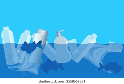 Graphic of plastic bottles floating in water, symbolizing environmental pollution and the global plastic waste crisis