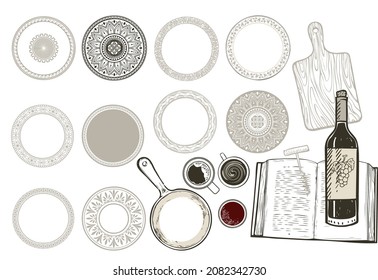 Graphic plates. Patterns on dishes. Suitable for various designs. Top view. A book, a glass of wine, a cup of coffee and a frying pan. Vector graphics.