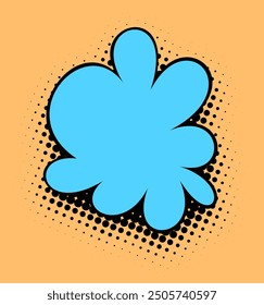 A graphic pop art-inspired illustration features a bold blue flower with a thick black outline against a warm orange background peppered with halftone dots, evoking a vintage comic book style.